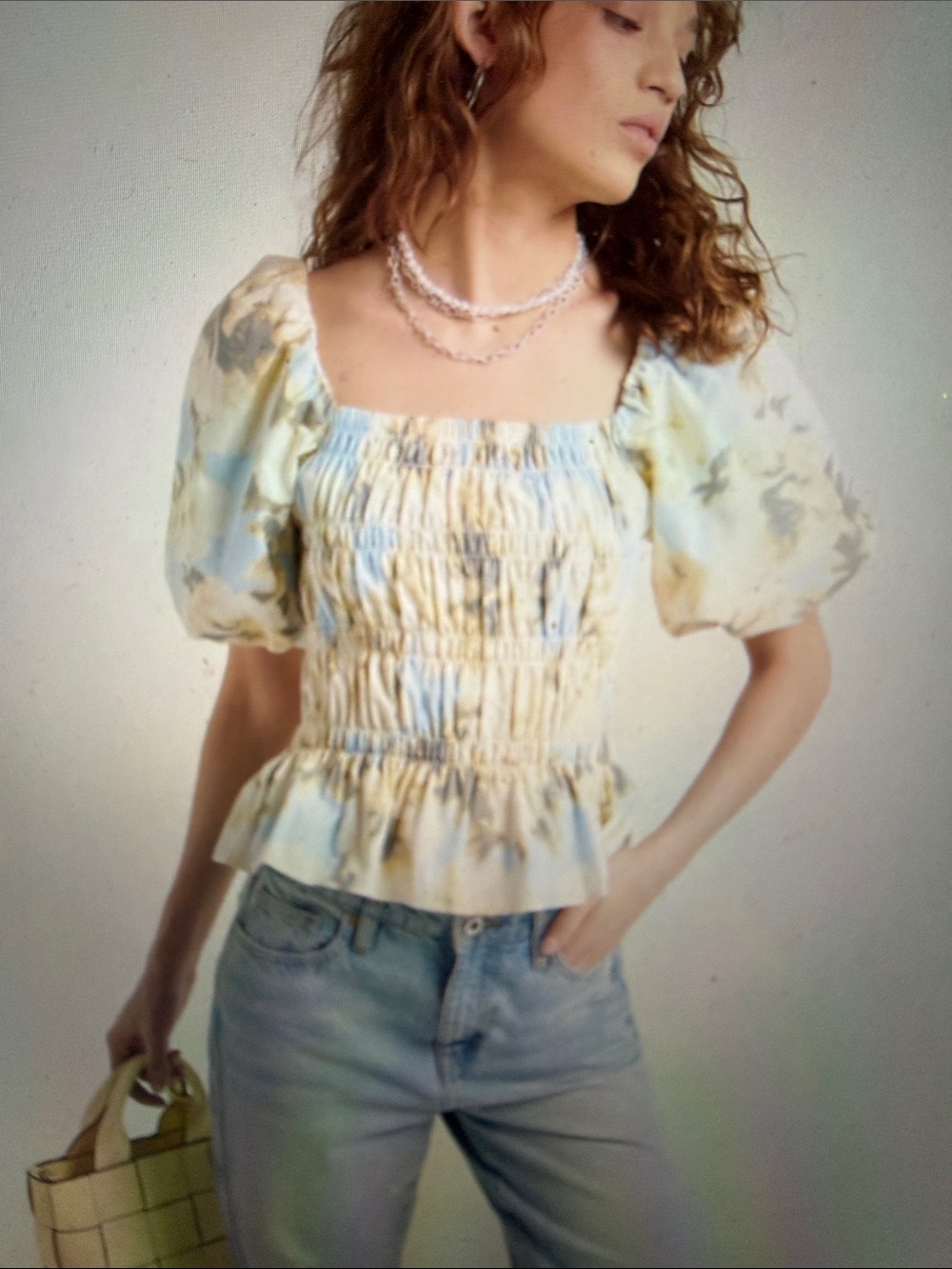 River Island sz 14 Soft feminine floral smocked shirred top w stmt sleeves